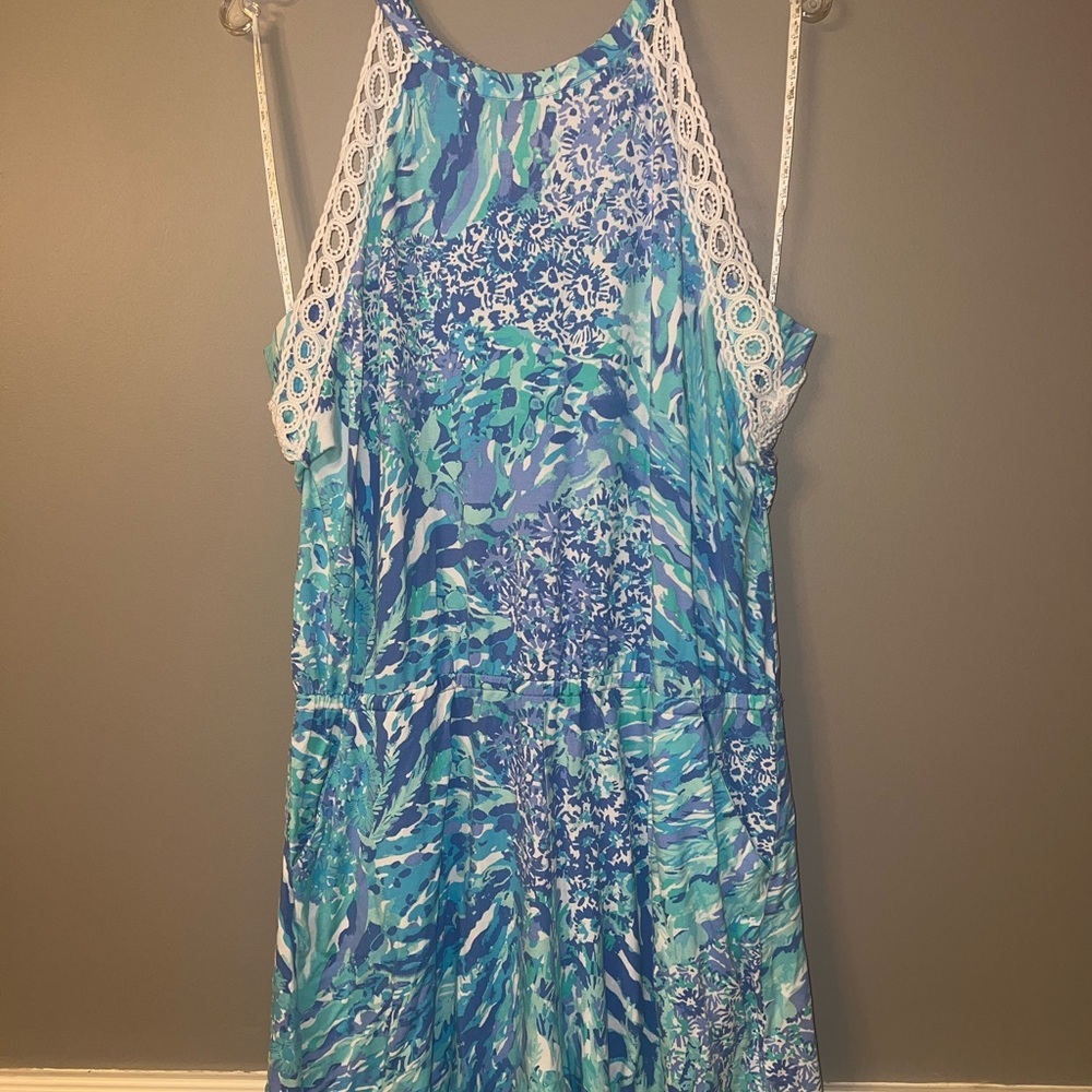 Lilly Pulitzer Blue and White Romper with White Crochet